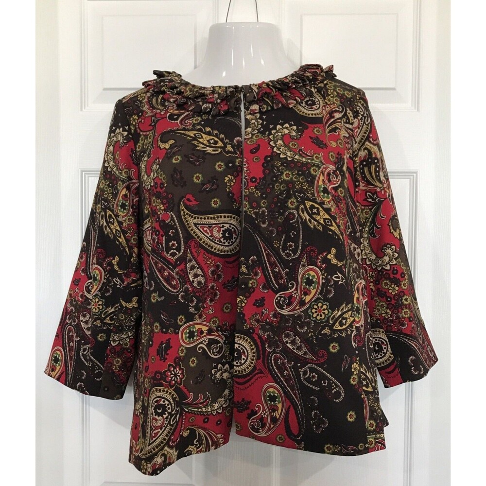 Ivy Chic Brown Autumn  Open Front Fancy Collar Paisley Print Jacket Plus Size 1X